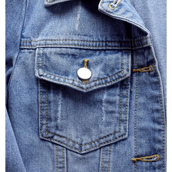 Women's Jean Jacket Distressed Ripped Denim Jacket Coat with Pockets Light Blue - Picture 4 of 6